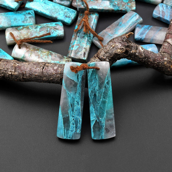 Natural Chrysocolla in Quartz Rectangle Earring Pair Matched Gemstone Beads A4