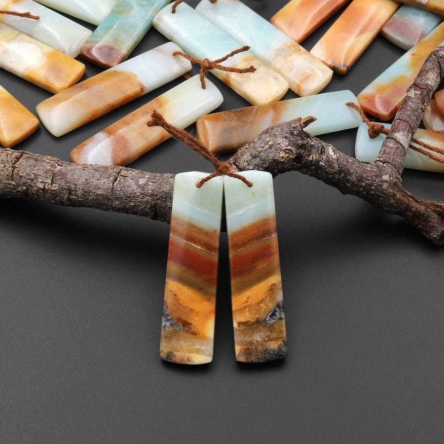 Natural Blue Golden Brown Amazonite Earring Pair Matched Drilled Gemstone Rectangle Beads
