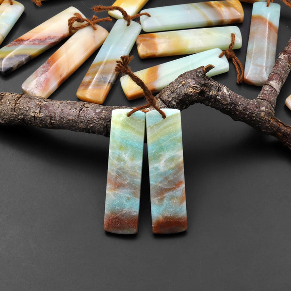 Natural Blue Golden Brown Amazonite Earring Pair Matched Drilled Gemstone Rectangle Beads A4