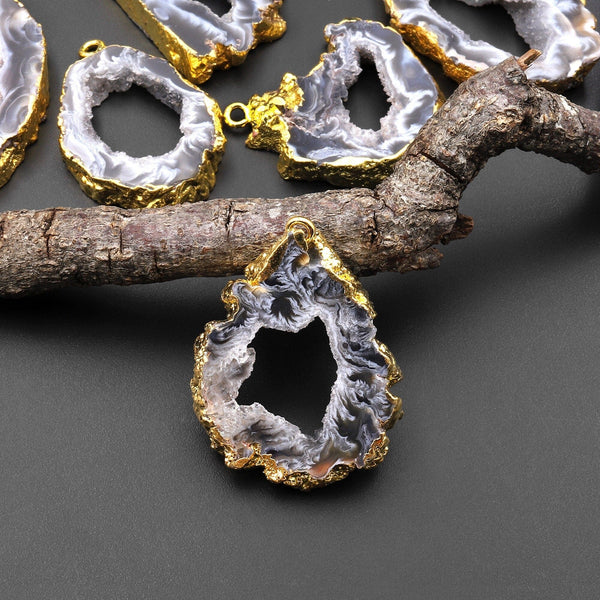 Natural Oco Agate Druzy Drusy Geode Slice Pendant Freeform Sparkling Natural Crystal Gemstone A1
