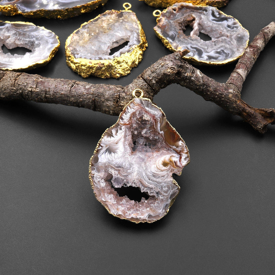 Natural Oco Agate Druzy Drusy Geode Slice Pendant Freeform Sparkling Natural Crystal Gemstone A2