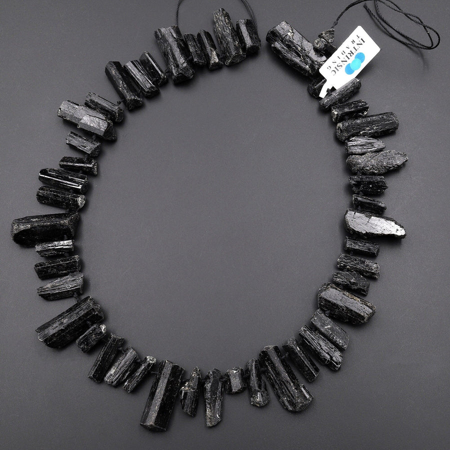 Natural Black Tourmaline Crystal Beads Top Side Drilled Gemstone Spike 15.5" Strand A1