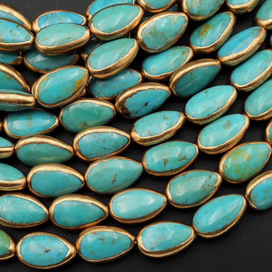 Genuine Natural Turquoise Gold Copper Edging Teardrop Beads Choose from 5pcs, 10pcs 15.5" Strand