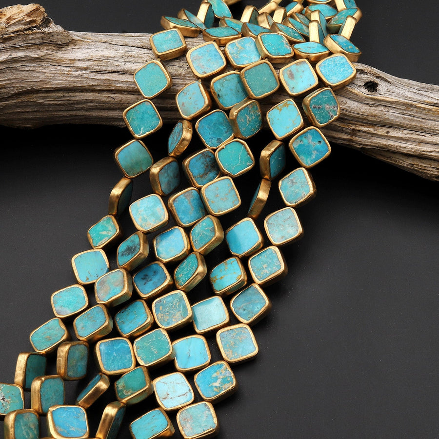 Genuine Natural Turquoise Gold Copper Edging Square Diamond Kite Beads Choose from 5pcs, 10pcs 15.5" Strand