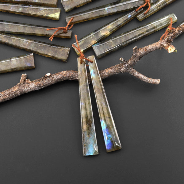 Natural Labradorite Earring Pair Thin Long Trapezoid Drilled Matched Gemstone Beads A2