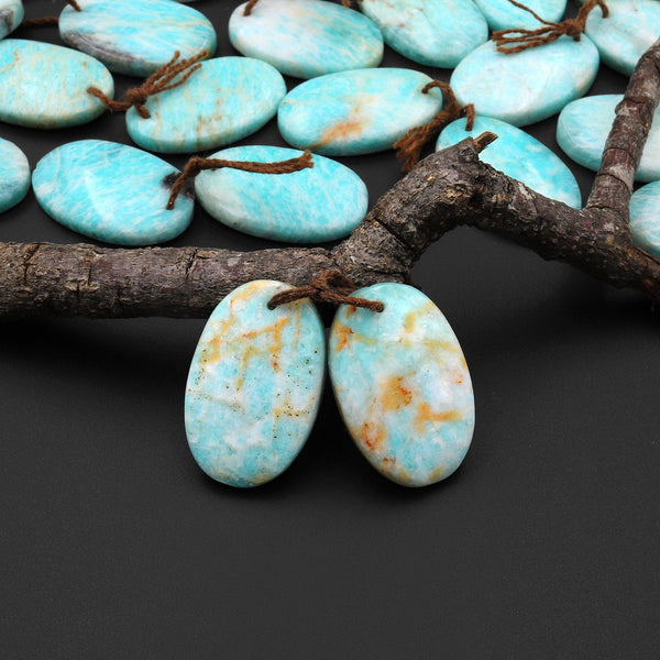 Natural Madagascar Amazonite Oval Earring Pair Drilled Matched Gemstone Beads A3