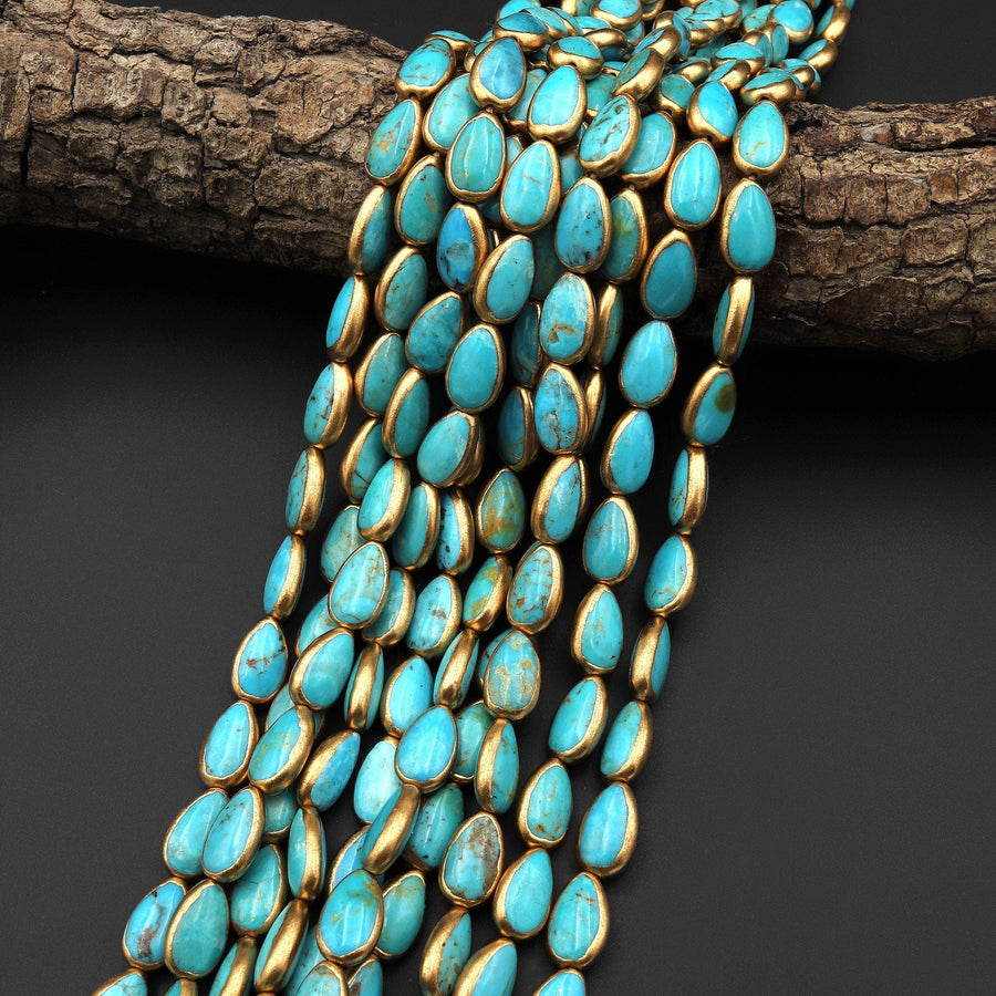 Genuine Natural Blue Turquoise Gold Copper Edging Teardrop Beads Choose from 5pcs, 10pcs 15.5" Strand