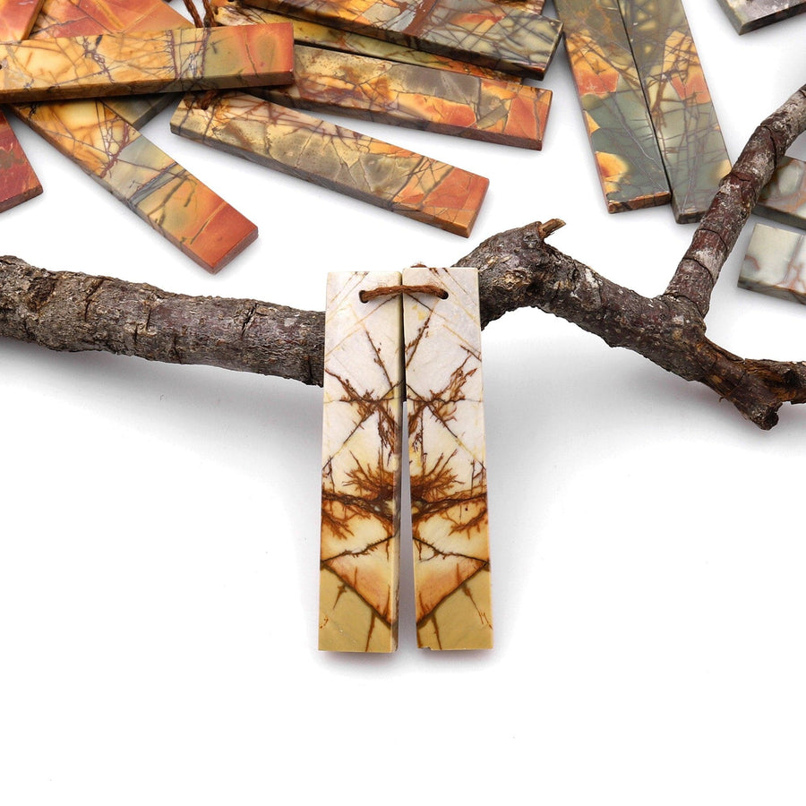 Long Linear Natural Red Creek Jasper Earring Pair Modern Flat Rectangle Cab Drilled Matched Gemstone Beads AKA Multicolor Picasso Jasper A5