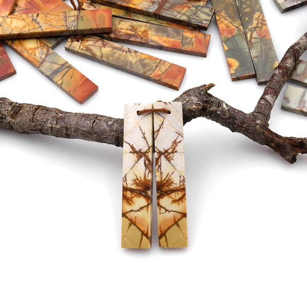 Long Linear Natural Red Creek Jasper Earring Pair Modern Flat Rectangle Cab Drilled Matched Gemstone Beads AKA Multicolor Picasso Jasper A5