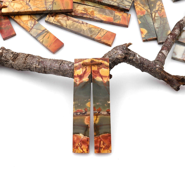 Long Linear Natural Red Creek Jasper Earring Pair Modern Flat Rectangle Cab Drilled Matched Gemstone Beads AKA Multicolor Picasso Jasper A9