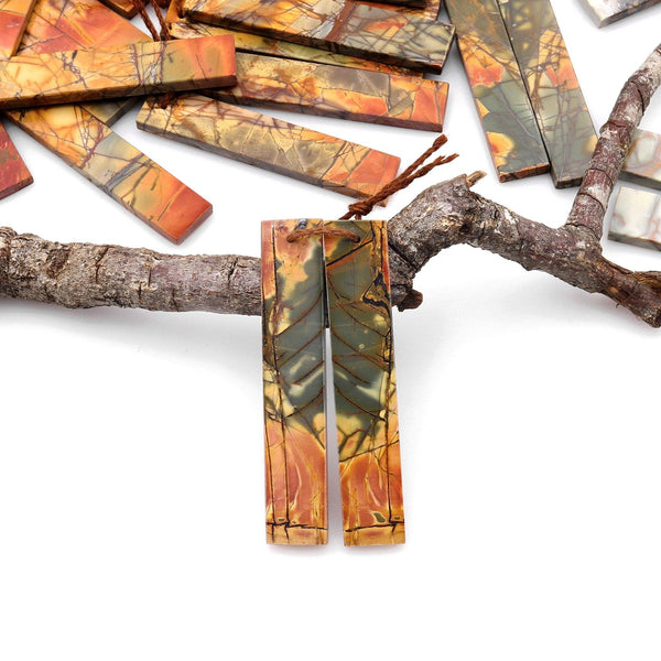 Long Linear Natural Red Creek Jasper Earring Pair Modern Flat Rectangle Cab Drilled Matched Gemstone Beads AKA Multicolor Picasso Jasper A13