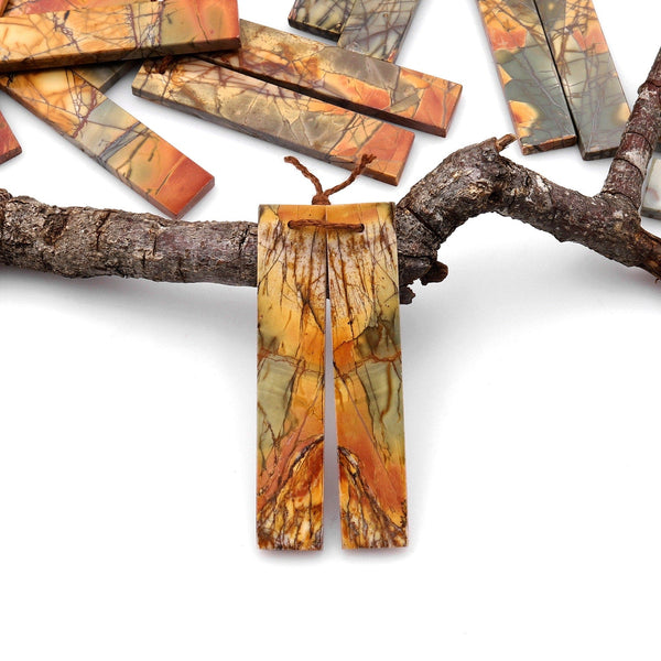 Long Linear Natural Red Creek Jasper Earring Pair Modern Flat Rectangle Cab Drilled Matched Gemstone Beads AKA Multicolor Picasso Jasper A14