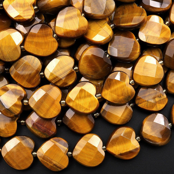 AAA Natural Golden Brown Tiger's Eye Faceted Heart Beads 12mm Gemstone 15.5" Strand