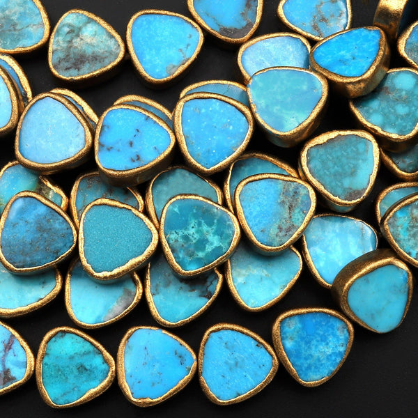 Genuine Natural Blue Turquoise Gold Copper Edging Triangle Beads Choose from 5pcs, 10pcs 15.5" Strand