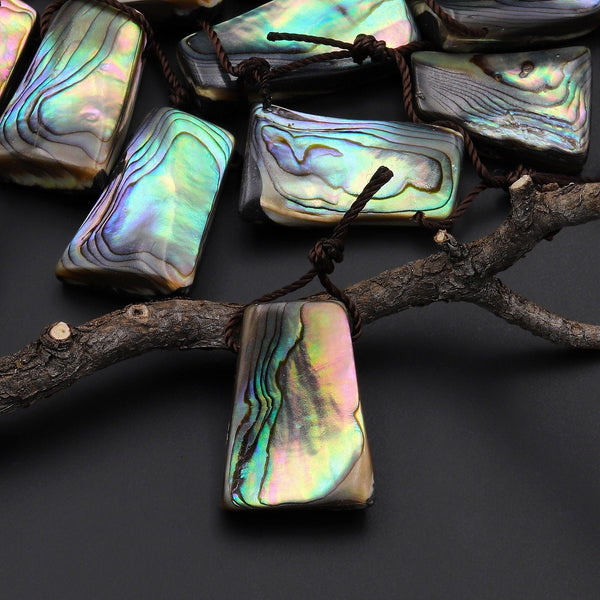 Real Natural Abalone Shell Trapezoid Pendant Rainbow Iridescent Peacock Blue Green Pink Purple Colors