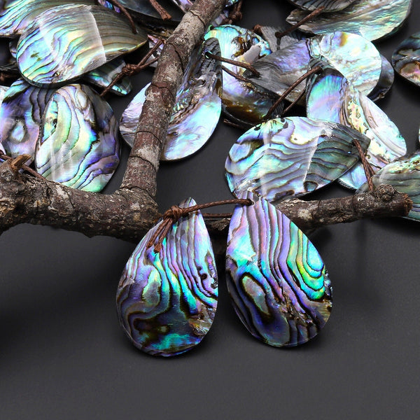 Natural Rainbow Abalone Teardrop Earring Pair Drilled Matched Gemstone Bead Pair
