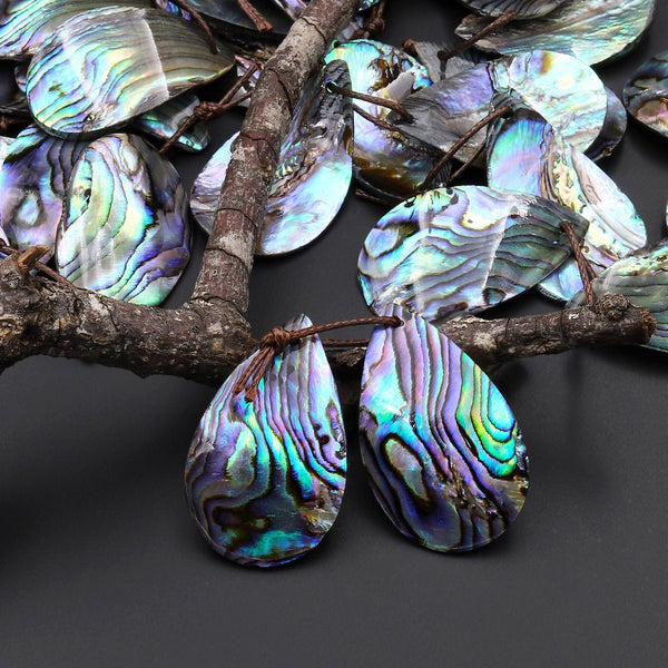Natural Rainbow Abalone Teardrop Earring Pair Drilled Matched Gemstone Bead Pair A2