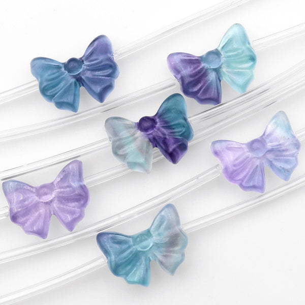 Hand Carved Natural Green Blue Purple Fluorite Flower Ribbon Bow Beads 3D