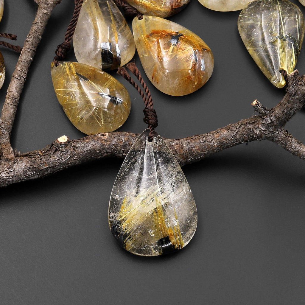 Natural Titanium Golden Hematite Rutilated Quartz Teardrop Pendant A4