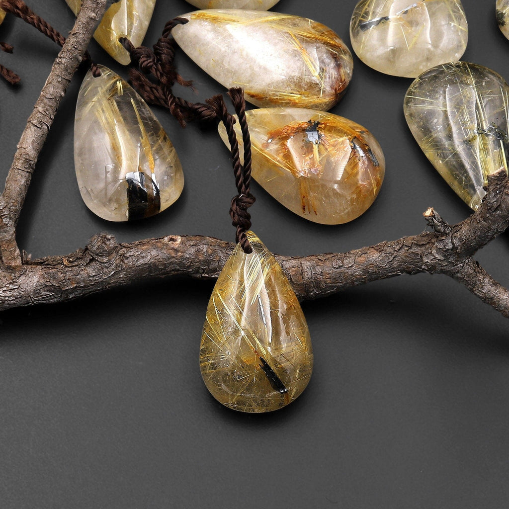 Natural Titanium Golden Hematite Rutilated Quartz Teardrop Pendant A5