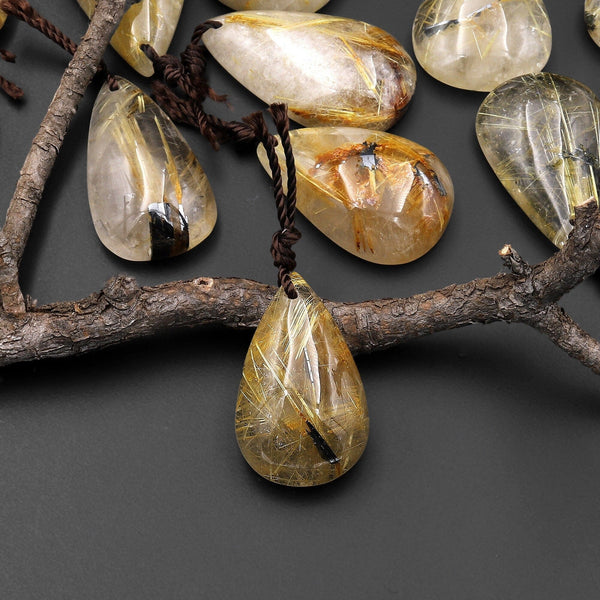 Natural Titanium Golden Hematite Rutilated Quartz Teardrop Pendant A5