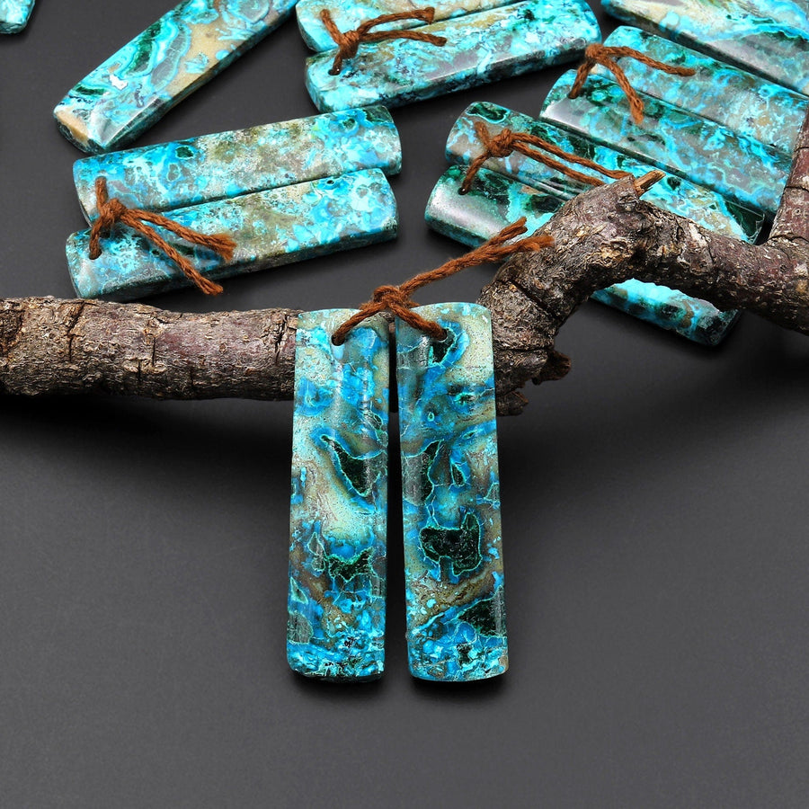 Natural Shattuckite Earring Pair Rectangle Matched Gemstone Beads Chrysocolla Azurite Malachite From Congo