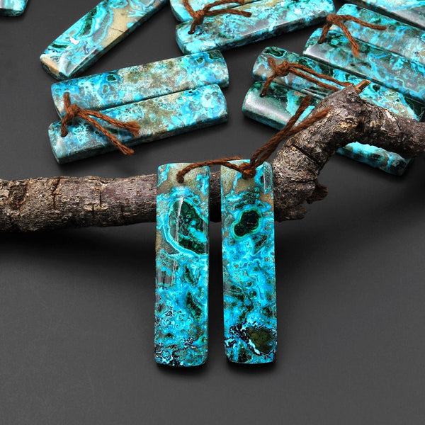 Natural Shattuckite Earring Pair Rectangle Matched Gemstone Beads Chrysocolla Azurite Malachite From Congo A2
