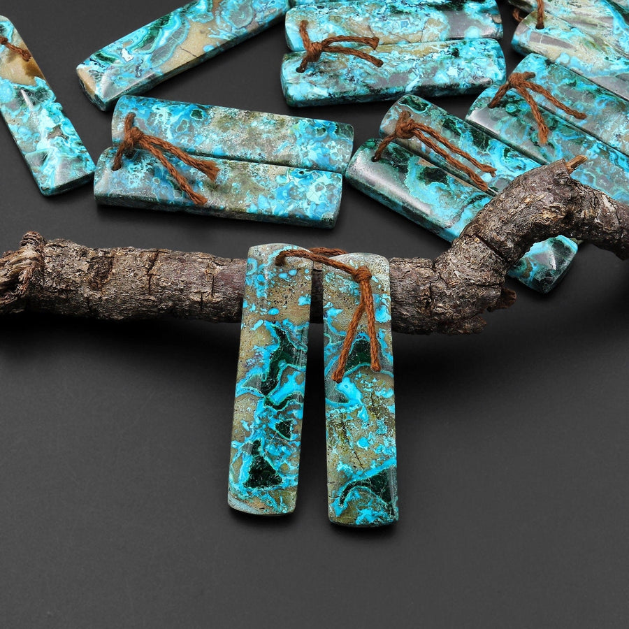 Natural Shattuckite Earring Pair Rectangle Matched Gemstone Beads Chrysocolla Azurite Malachite From Congo A6