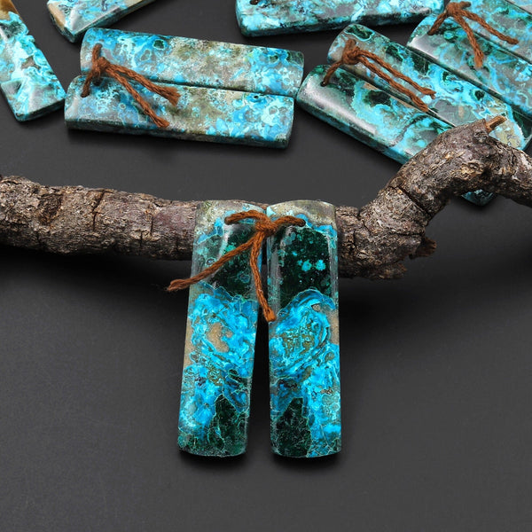 Natural Shattuckite Earring Pair Rectangle Matched Gemstone Beads Chrysocolla Azurite Malachite From Congo A7