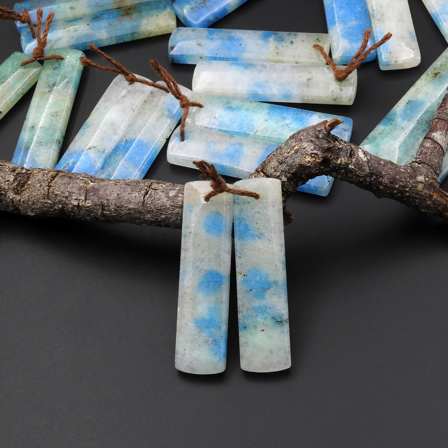 Rare Natural Blue Azurite in Calcite Rectangle Earring Pair Matched Gemstone Beads from Pakistan Afghanistan Where K2 is Found A2