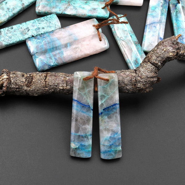 Natural Chrysocolla in Quartz Rectangle Earring Pair Matched Cabochon Gemstone Beads A1