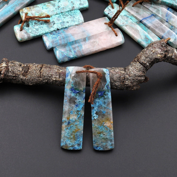 Natural Chrysocolla in Quartz Rectangle Earring Pair Matched Cabochon Gemstone Beads A2