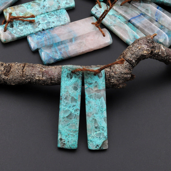 Natural Chrysocolla in Quartz Rectangle Earring Pair Matched Cabochon Gemstone Beads A3