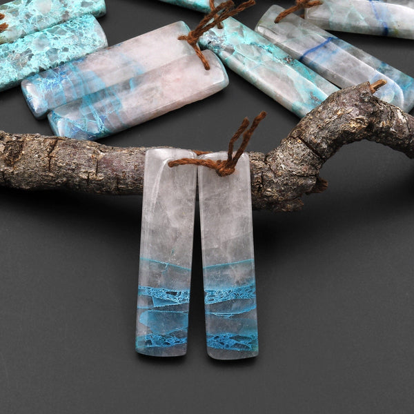 Natural Chrysocolla in Quartz Rectangle Earring Pair Matched Cabochon Gemstone Beads A6