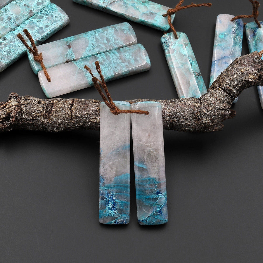 Natural Chrysocolla in Quartz Rectangle Earring Pair Matched Cabochon Gemstone Beads A10