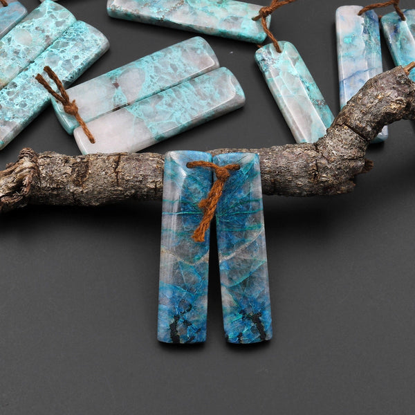 Natural Chrysocolla in Quartz Rectangle Earring Pair Matched Cabochon Gemstone Beads A11