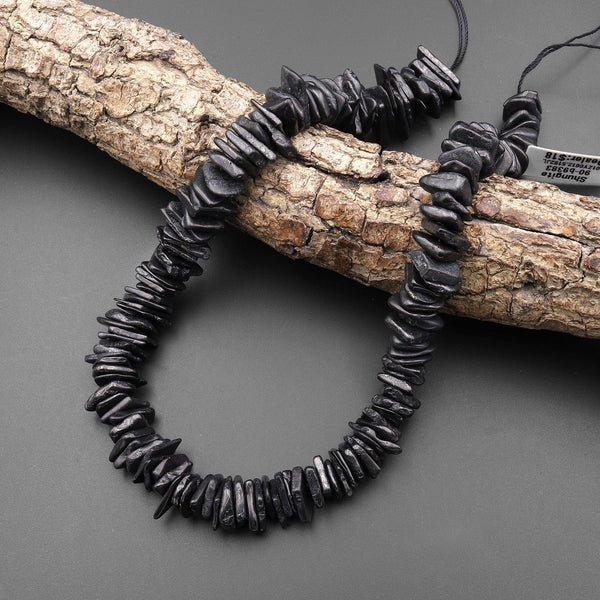 Genuine Natural Shungite Center Drilled Thin Freeform Disc Heishi Beads High Quality Black Lustrous Gemstone from Russia 15.5" Strand