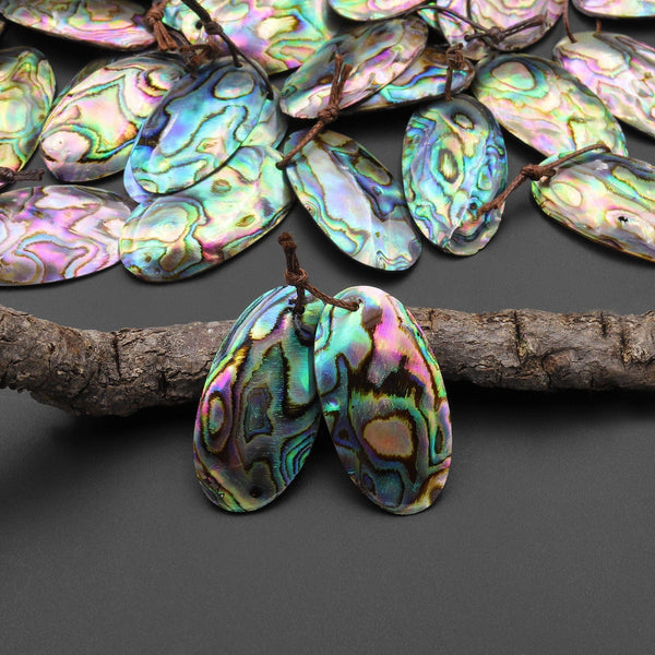 Natural Rainbow Abalone Oval Earring Pair Drilled Matched Gemstone Bead Pair A1