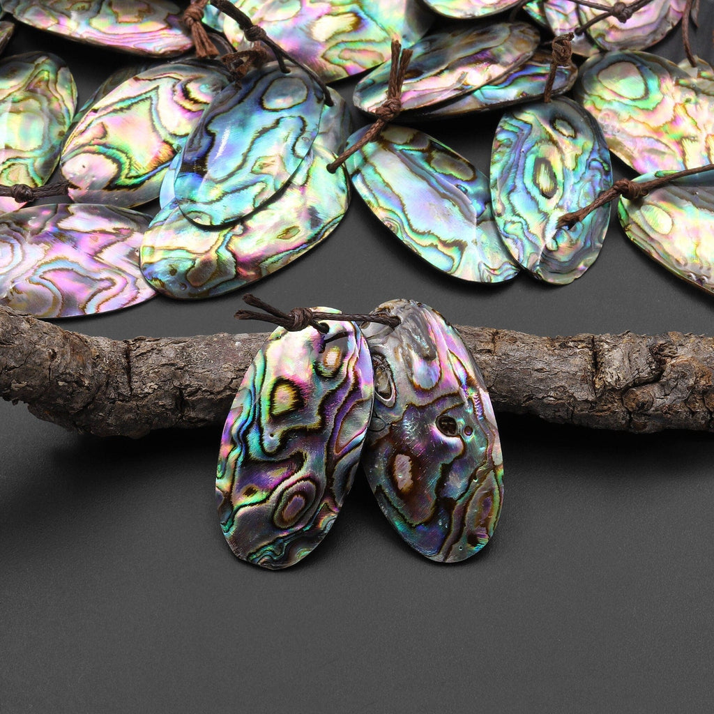 Natural Rainbow Abalone Oval Earring Pair Drilled Matched Gemstone Bead Pair A2