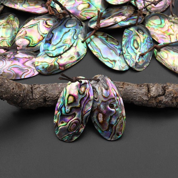 Natural Rainbow Abalone Oval Earring Pair Drilled Matched Gemstone Bead Pair A2