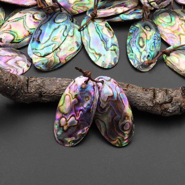 Natural Rainbow Abalone Oval Earring Pair Drilled Matched Gemstone Bead Pair A4