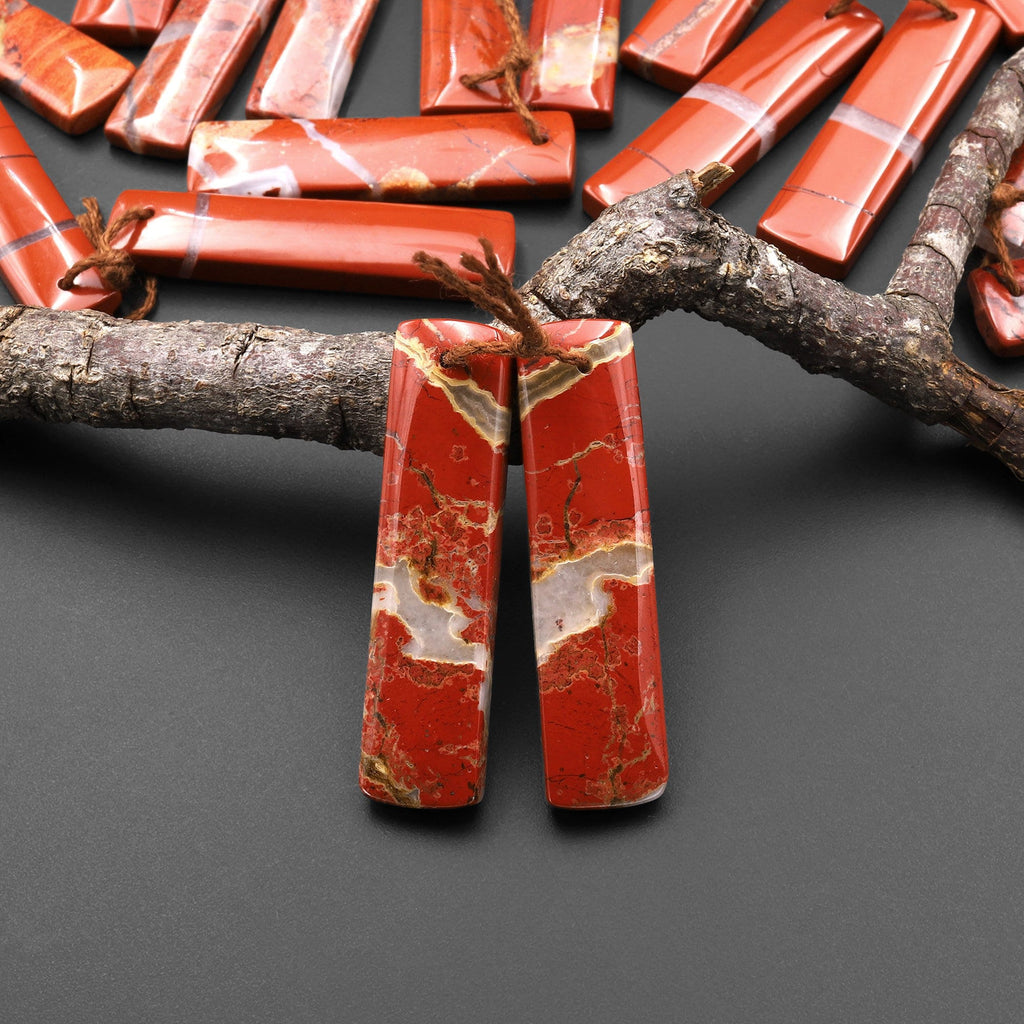 Natural Red River Jasper Rectangle Earring Pair Cabochon Cab Pair Drilled Matched Earrings Bead Pair A2