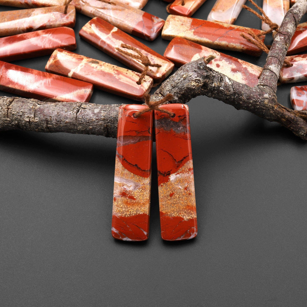 Natural Red River Jasper Rectangle Earring Pair Cabochon Cab Pair Drilled Matched Earrings Bead Pair A5