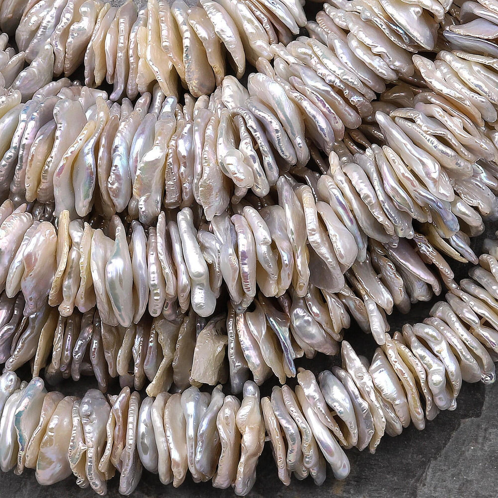 Large Natural Freshwater Keishi Cornflake Pearl Center Drilled Creamy White Silver 15.5" Strand