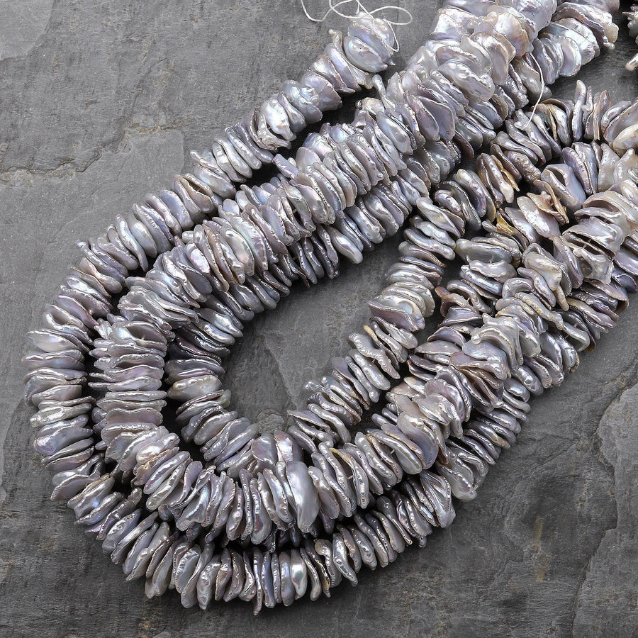 Large Natural Freshwater Keishi Cornflake Pearl Center Drilled Silvery Gray 15.5" Strand