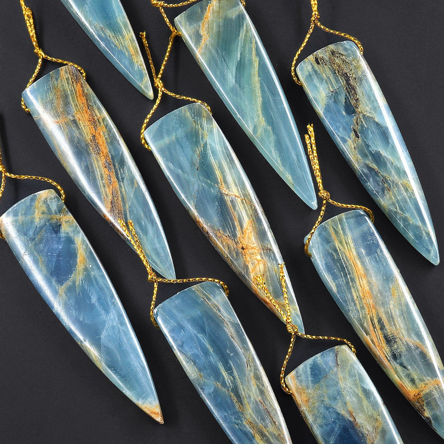Natural Argentina Lemurian Aquatine Blue Calcite Pendant Golden Brown Matrix Dagger Triangle Side Drilled Gemstone
