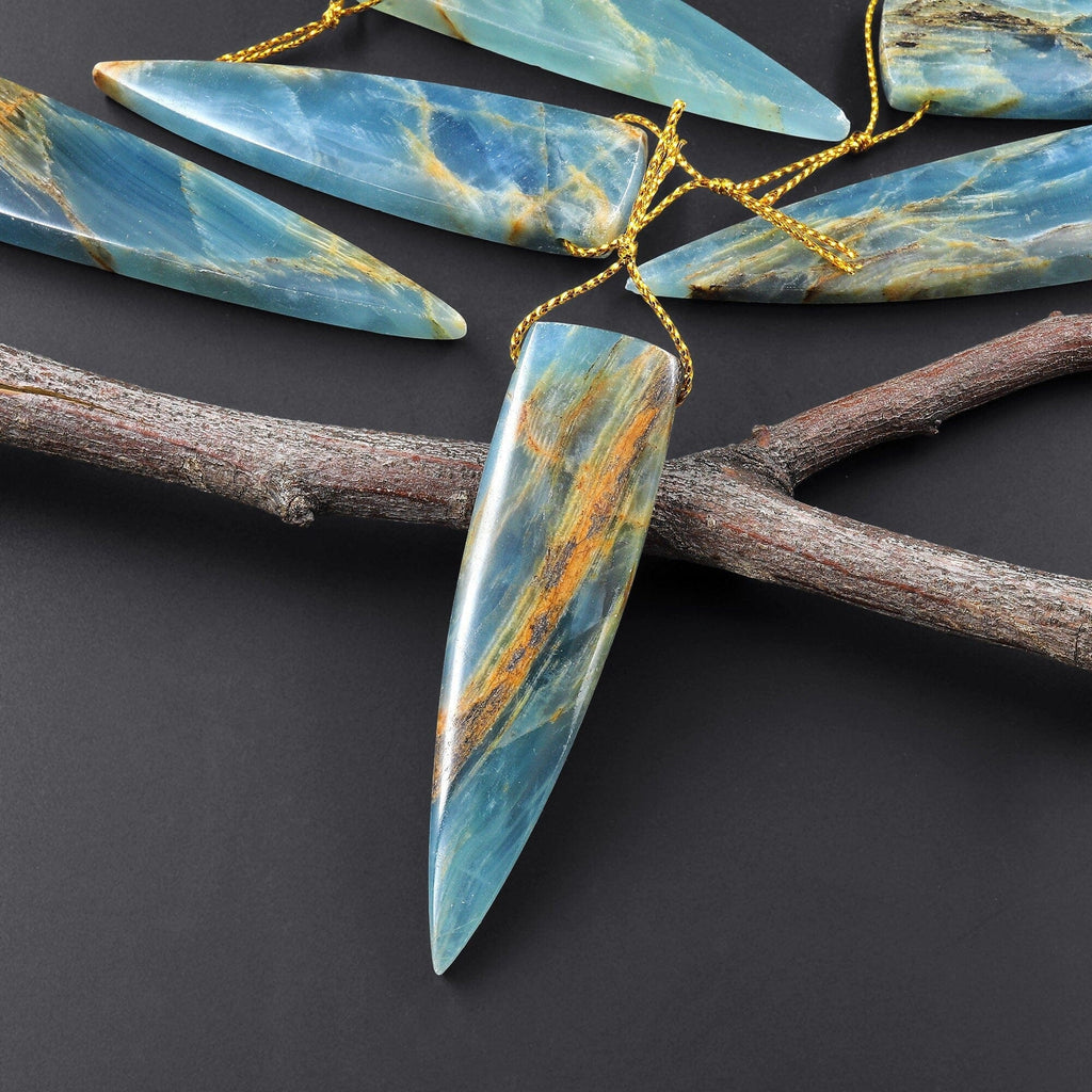 Natural Argentina Lemurian Aquatine Blue Calcite Pendant Golden Brown Matrix Dagger Triangle Side Drilled Gemstone A2