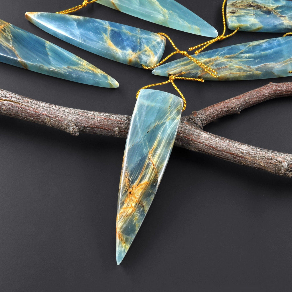 Natural Argentina Lemurian Aquatine Blue Calcite Pendant Golden Brown Matrix Dagger Triangle Side Drilled Gemstone A3