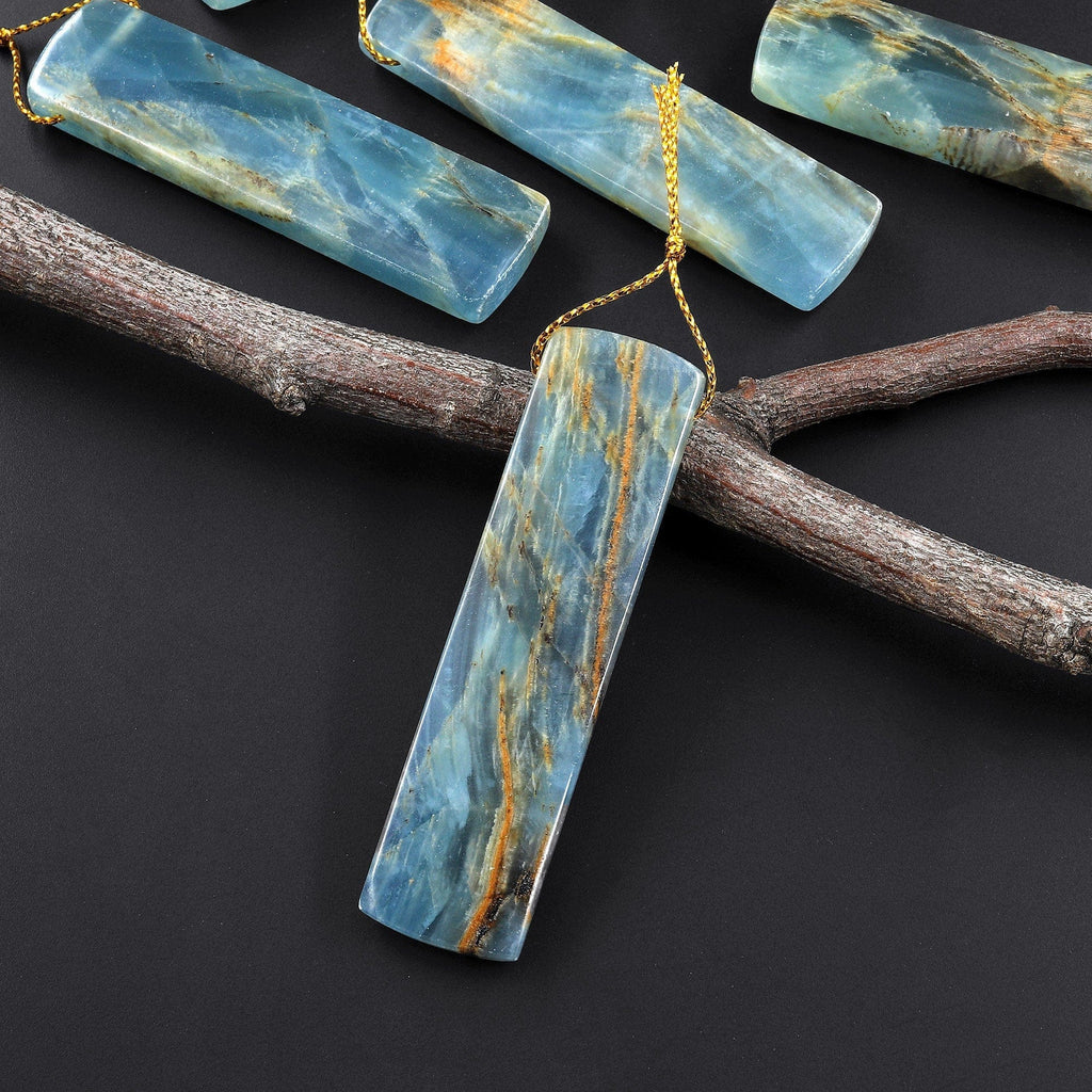Natural Argentina Lemurian Aquatine Blue Calcite Pendant Golden Brown Matrix Rectangle Side Drilled Gemstone A11