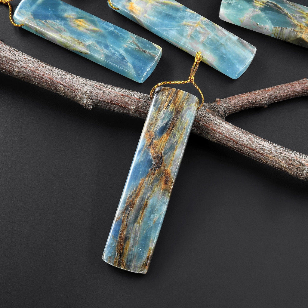 Natural Argentina Lemurian Aquatine Blue Calcite Pendant Golden Brown Matrix Rectangle Side Drilled Gemstone A22